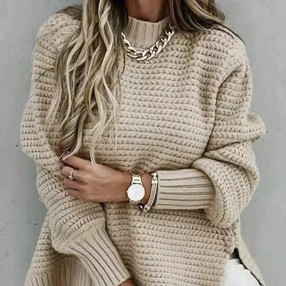 Khaki Casual Women's Crew Neck Long Sleeve Pullover Knit Sweater - Picture 1 of 5